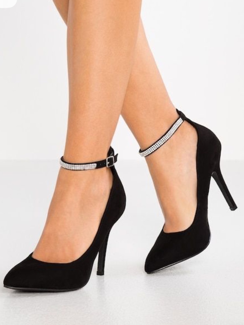 Unisa Black Pointed-Toe Stiletto Heels with Rhinestone Ankle Strap